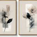 HUARCEY Large Modern Abstract Flower Wall Art Framed Canvas Set of 2, 16"x24" Minimalist Floral Paintings Artwork 2 Piece, Contemporary Neutral Tones Bedroom Living Room Kitchen Home Decor