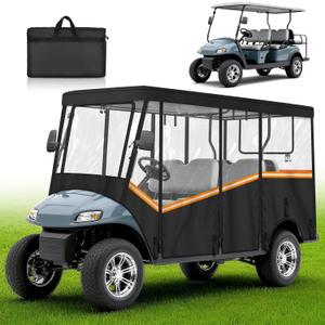 Golf Cart Enclosure for 6 Passenger, 600D Waterproof Golf Cart Rain Cover with Clear PVC Windshields, Compatible with Club Car & EZGO, Fits Extended Roof, Roll-Up Doors & Windproof Straps