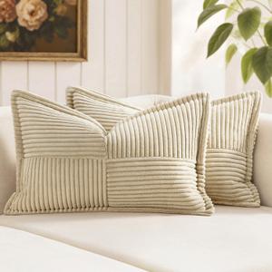 MIULEE Decorative Lumbar Throw Pillow Covers for Couch Bed Livingroom 12x20 Inch Set of 2 Cream Boho Accent Throw Pillows Broadside Striped Patchwork Soft Corduroy Pillowcases