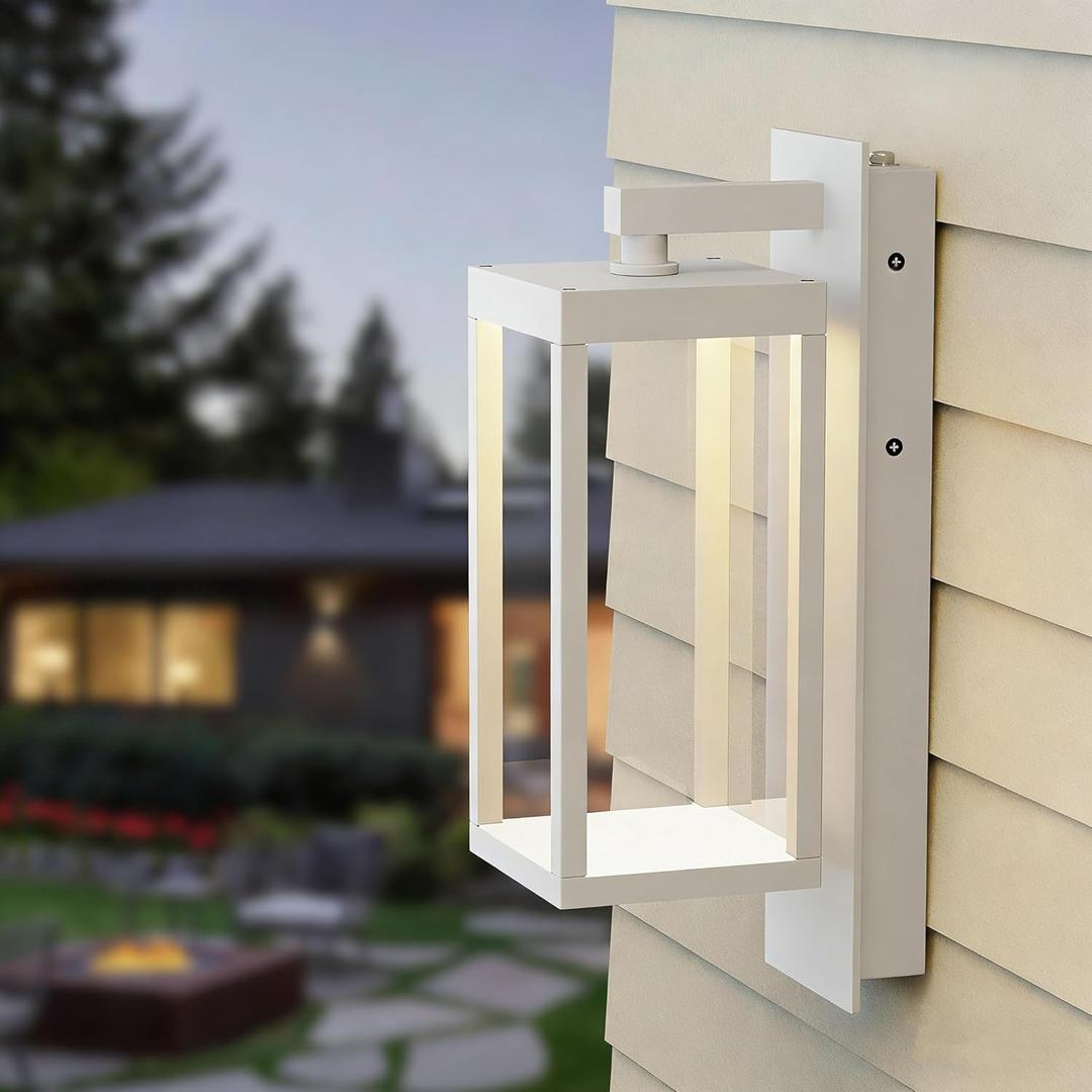 Outdoor Wall Sconce, Dusk to Dawn Outdoor Wall Lights, Waterproof Porch Lanterns Decorative, Anti-Rust Exterior Light in Wood Grain Finish & Black Finish for House Patio Garage Entryway Doorway (White 1 Pack)