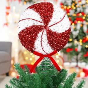 Candy Cane Christmas Tree Topper 8 Inch Red and White Peppermint Swirl Christmas Ornament for Xmas Decorations Treetop Holiday Party Supplies
