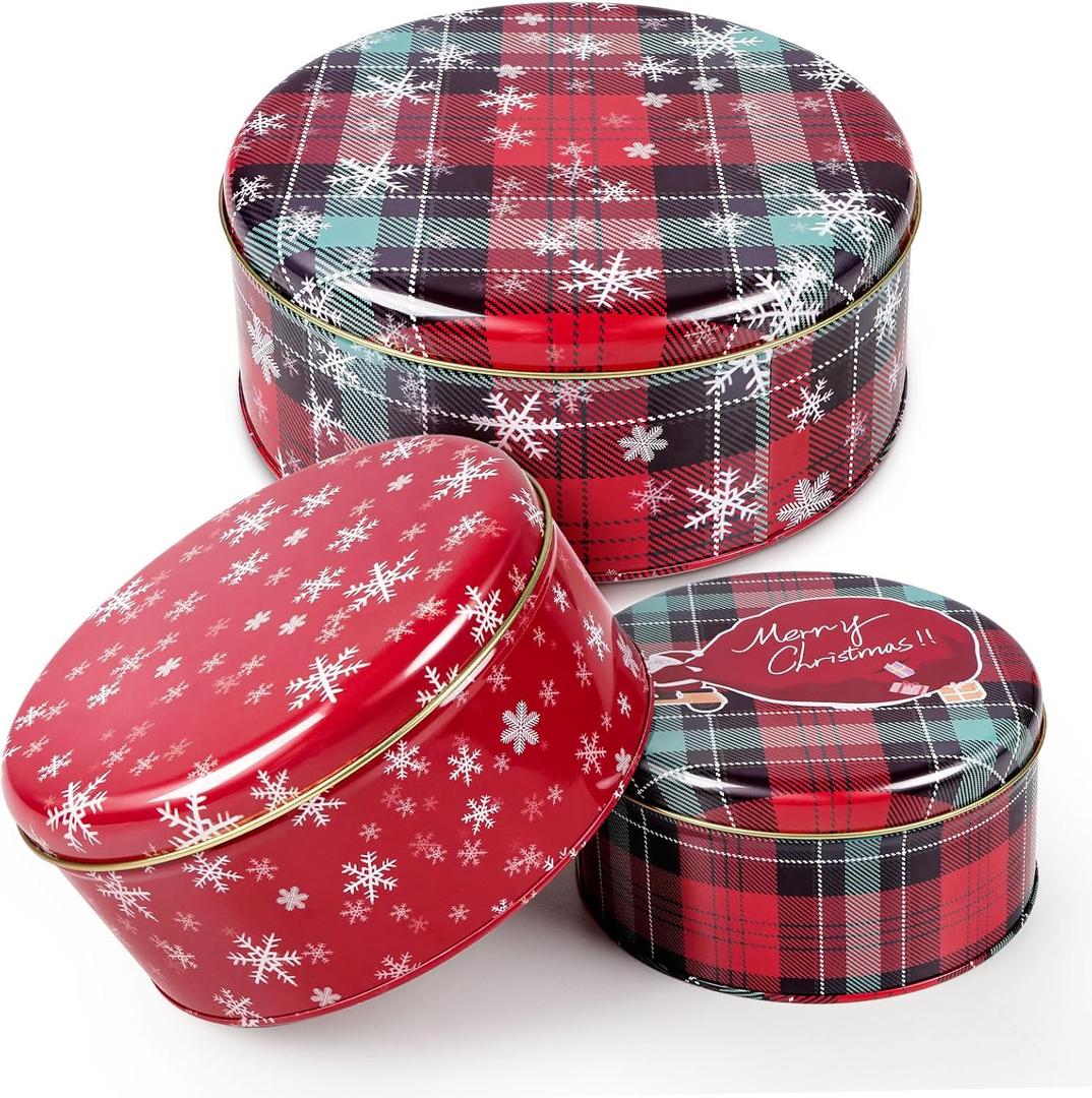 3 Pack Christmas Cookie Tins with Lids, Round Sturdy Tins, Christmas Baking Cake Container for Storing Patisseries, Snack, Chocolate