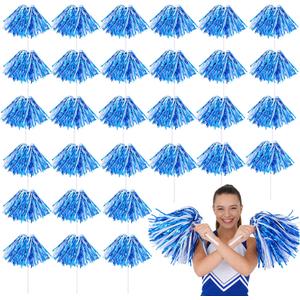 30 Packs Blue White Cheer Pom Poms with 11Inches Long Baton Handle,Cheerleading Pom Poms for Dance Team Spirit Party Football Basketball Club