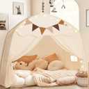 Extra Large Kids Play Tent with Flags & Star Lights, Portable & Foldable Teepee, Boys & Girls, Indoor Outdoor Dome Tent Playhouse, 59x39x59 in, Cream
