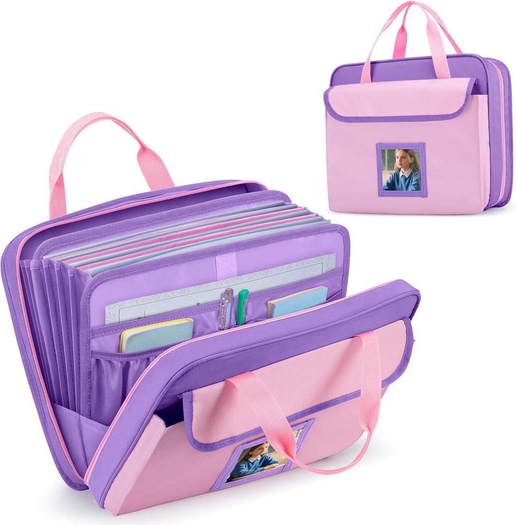 GRAOSO Zipper Document Bag for Boys and Girls, 9 Expandable Folders, Baby Portfolio Organizer Case with Customized Photo and Name Areas, Pink