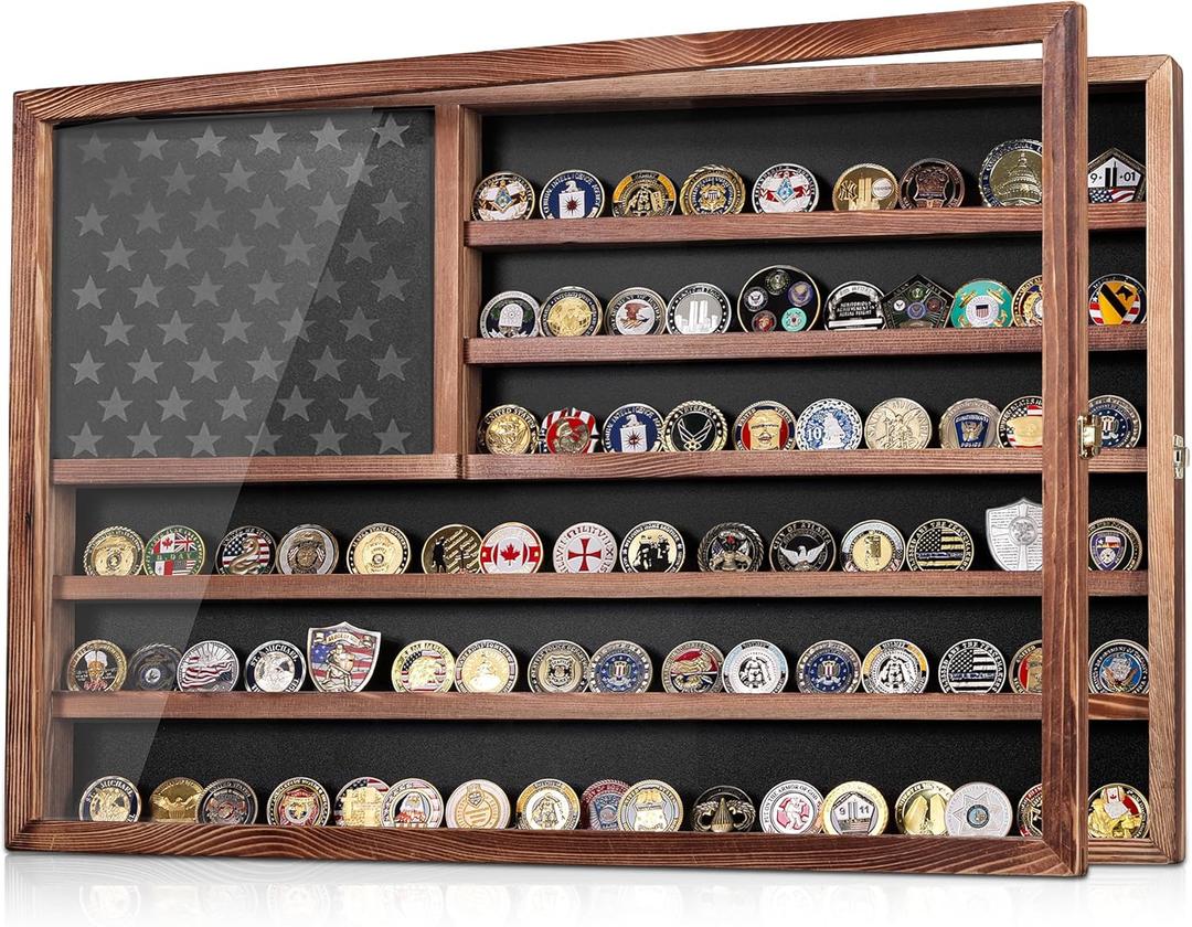 Challenge Coin Display Case, Lockable Military Coin Holder Cabinet with Removable Star Board & HD Tempered Glass Door (27.6" L x 18.1" W), Solid Wood Wall Mount Coins Collection Rack Stand