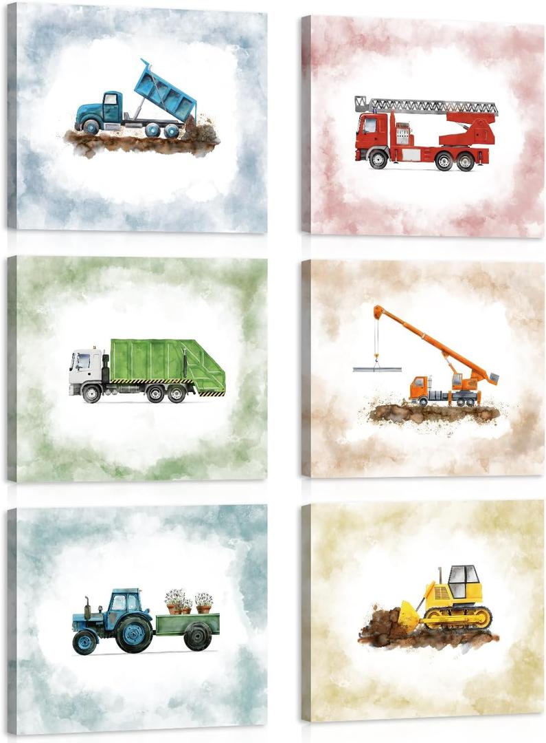 HLNIUC Watercolor Construction Vehicle Themed Wall Decor Set of 6(8X10)Colourful Truck Tractor Canvas Art Print Construction Transportation Artwork Engineering Car Framed Wall Poster for Kid Bedroom