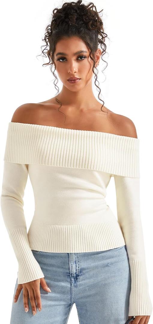 SUUKSESS Women Off Shoulder Sweaters Long Sleeve Ribbed Knit Going Out Fall Tops Blouse, M