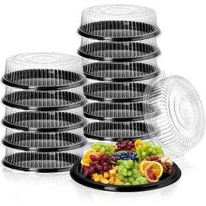 Frcctre 12 Pack 12 Inch Plastic Serving Tray with Lid, Disposable Plastic Food Serving Platters with Clear Dome Lids, Stackable Round Trays for Party, Takeout Food, Catering, Picnic Black