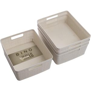 BINO - Woven Plastic Basket, Medium (Natural), 4-Pack, The Jute Collection, Home Organization, Space-Saving Storage, Stylish Design, Jute Basket