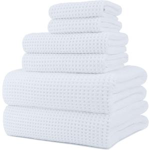 POLYTE 430 GSM Microfiber Quick Dry Lint Free Oversize Bath Towel Set, 6 Piece (Waffle Weave) (White)
