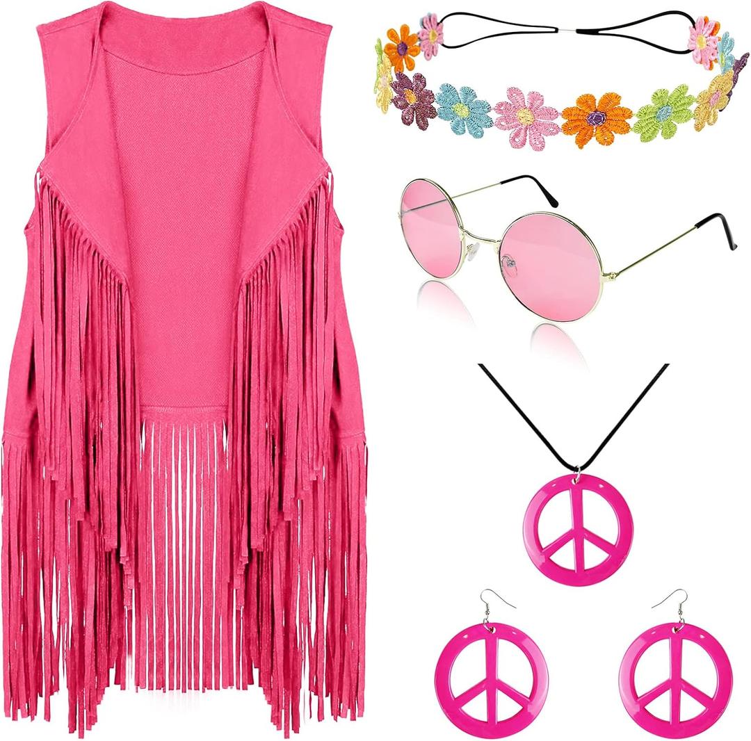 FunMular 60s 70s Outfits for Women Disco Hippie Costume Clothes Woman Peace Sign Earring Headband Fringe Vest Tassel Cardigan (Red, XXL)