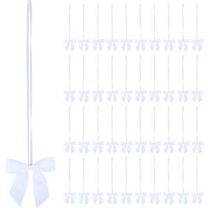 50pcs 14 Inch Stretch Elastic Loops with Pre-Tied White Ribbon Bows for Gift Wrapping,Baby Showers, Weddings, Christmas Boxes (14", White)