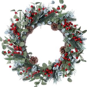 20 Inches Christmas Wreath Winter Wreaths Holiday Christmas Wreaths for Front Door Christmas Berry Wreath with Pine Needles Pine Cones Red Berries for Window Indoor Outdoor Winter Decorations