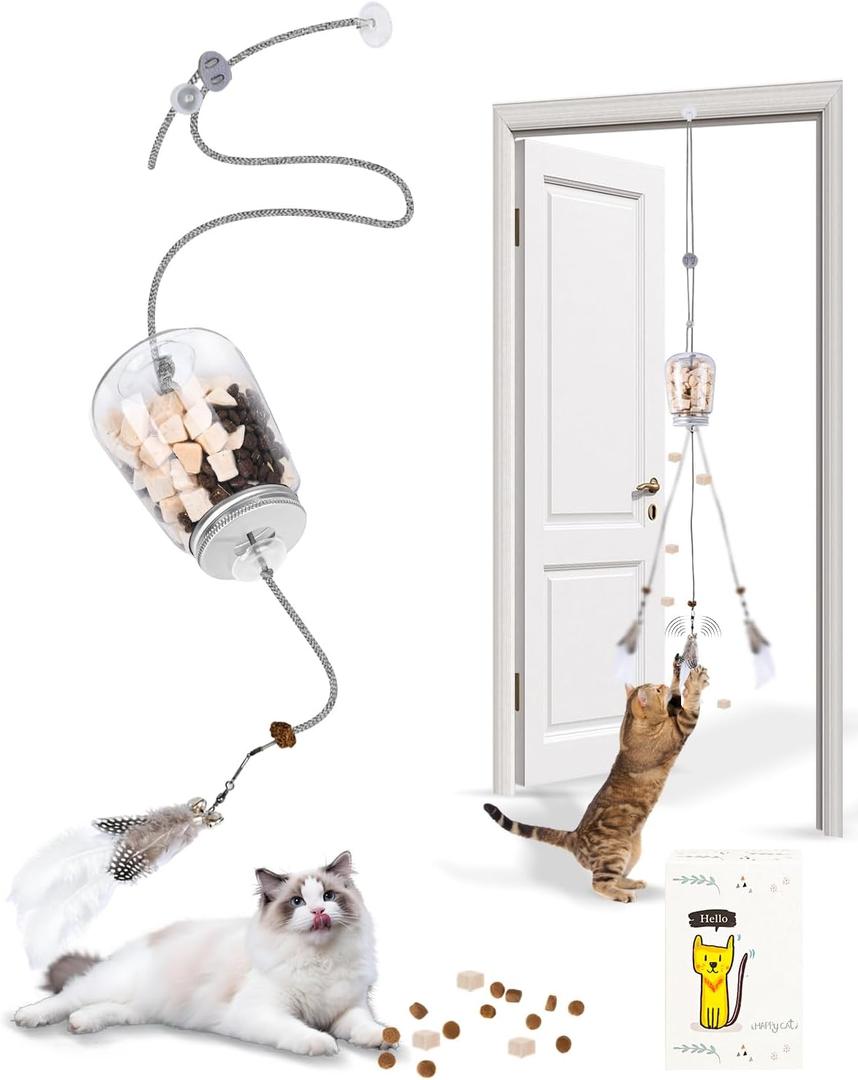 Interactive Cat Treat Dispenser Toy, Hanging Puzzle Toy for Slow Feeding & Cat Weight Loss, with Feather Teaser, Enrichment for Indoor Cats