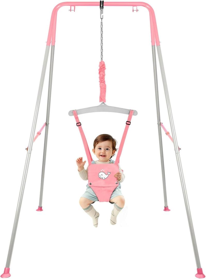 Baby Jumper with Stand, Baby Jumpers and Bouncers for Indoor & Outdoor Play, Swing Set with Stand for 6-24 Months Infant & Toddler Leaning to Walk, Easy to Assemble & Store (Pink)