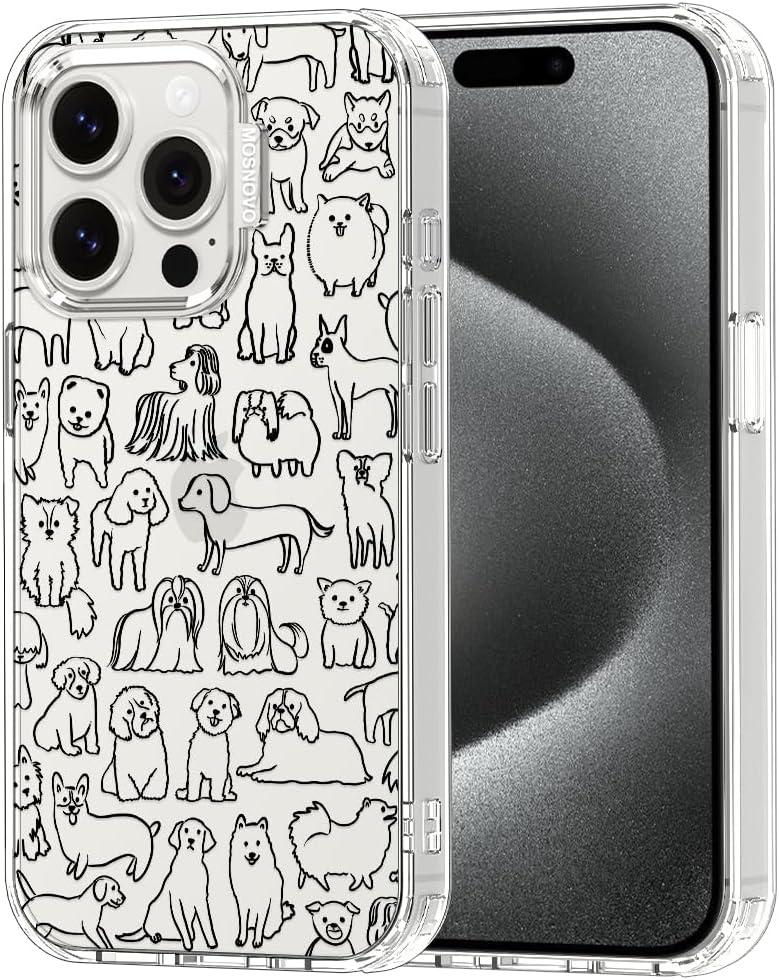 MOSNOVO Case for iPhone 15 Pro, [Buffertech 6.6ft Military-Grade Drop Protection] [Anti Peel Off Tech] Clear TPU Bumper Phone Case Cover Design - Doodle Dog