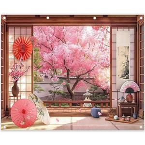 10x8ft Fabric Spring Cherry Blossoms Backdrop Japanese Sakura Garden Photography Background Room Courtyard Indoor Party Decorations Photo Banner Props