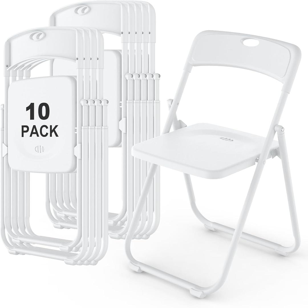 10 Pack White Plastic Folding Chairs, Indoor Outdoor Heavy-Duty Stackable Seats with Steel Frame, 350 lbs Capacity Portable Commercial Foldable Chairs for Party Events Wedding Dining Picnic Office, 19.5 Inches X 17.3 Inches X 29.5 Inches