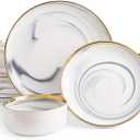 Pokini Marble Gold Rim Dinnerware Sets, Porcelain Plates and Bowls Sets, Modern Luxury Dish Set for 4, White Grey China Dinner Set for Special Occasions, Hand Wash Quickly