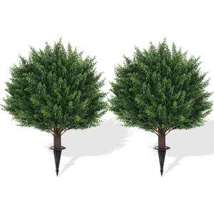 16 Inches Artificial Cedar Topiary Ball Trees with Ground Spike, 2 Pack UV Resistant Artificial Shrubs, Fake Evergreen Artificial Plant Brush for Indoor Outdoor Front Porch Garden (Pine)