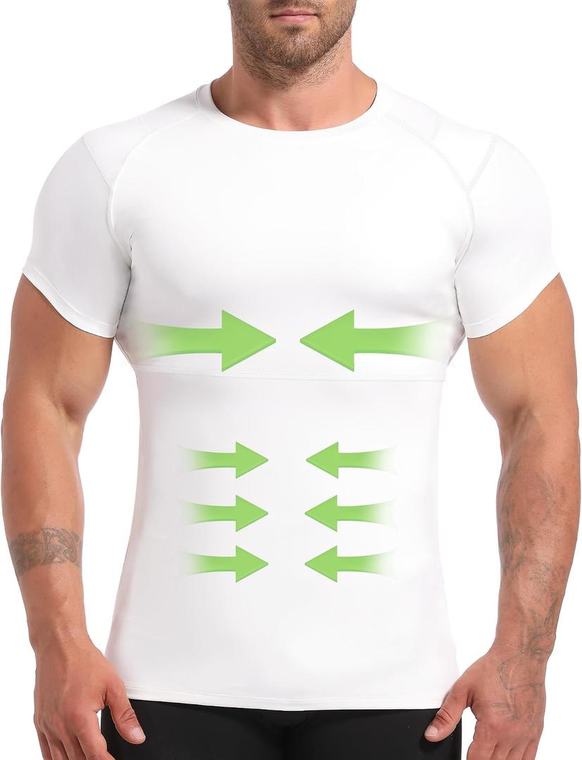 Lgtfy 4D Mens Compression Shirt Short Sleeve, Gynecomastia Tummy Control Back Support Undershirt, Slimming Vest (White, XL)