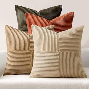 MIULEE Rust-Olive Green Decorative Throw Pillow Covers 16x16 Inch Set of 3 Boho Color-Clash Cushion Cases Farmhouse Pillow Cases Corduroy Striped Fall Home Decor for Couch Sofa Living Room Bed