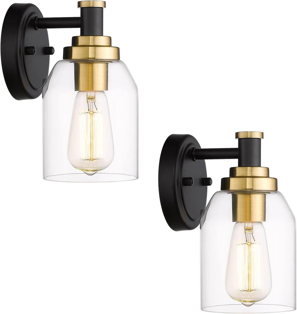 zeyu 2 Pack Modern Vanity Wall Sconces, Indoor Wall Lights for Bathroom Hallway Bedroom with Clear Glass Shade, Black and Gold Finish, ZG33B-2 BK+BG