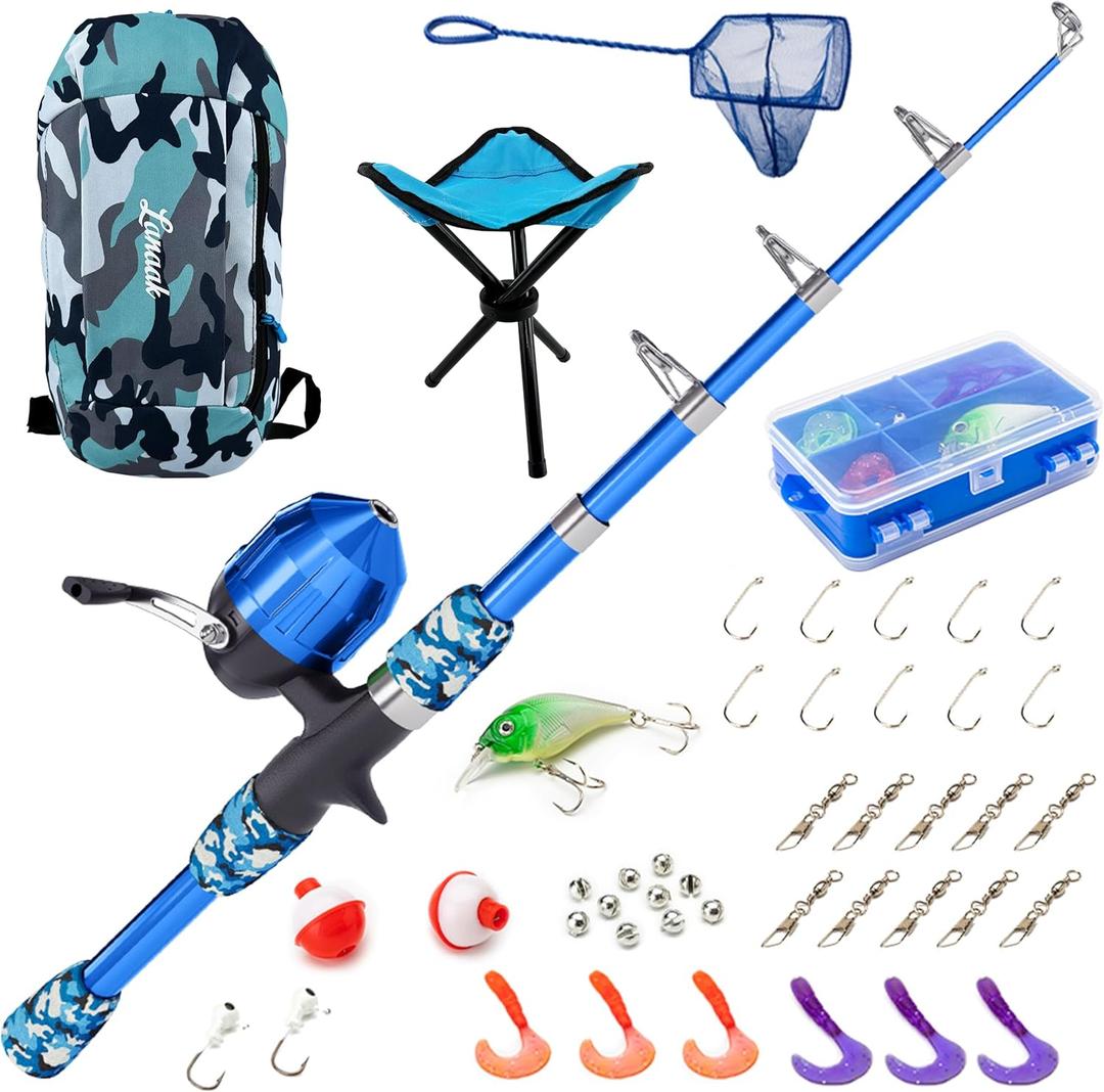 Lanaak Kids Fishing Pole, Kids Portable Telescopic Fishing Rod Set, Tackle Box and Fishing Net Combo Kit, Kids Fishing Gear for Boys and Girls Age 5-10 and Youth (Camo Blue)