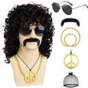 6 Pcs Set 70s 80s Mens Disco Wig with Sunglasses Mustache Peace Sign Necklace Golden Chain for Rocker Party Long Black Curly Wig with Bangs for Halloween Costume Use
