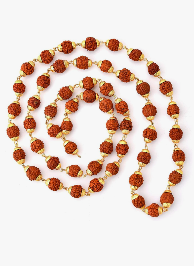 LoveNspire Certified Rudraksha Mala 5 Face (panchmukhi) Authentic Genuine Rudraksh Beads Rosary Japa Mala Bead Necklace Puja Prayer Meditation Beads Gold/silver Plated Mala for Men Women (1 Pcs)