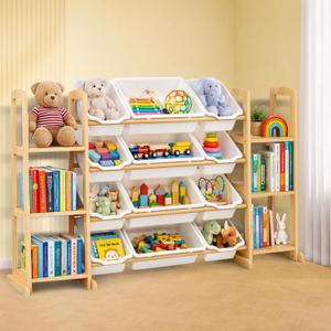 Toy Storage Organizer with Bookshelf Wooden Toy Organizer with 12 Toy Bins & 6 Tier Bookcase,Quick Assembly Kids Bookshelf,Toy Bin for Playroom, Bedroom, Nursery White