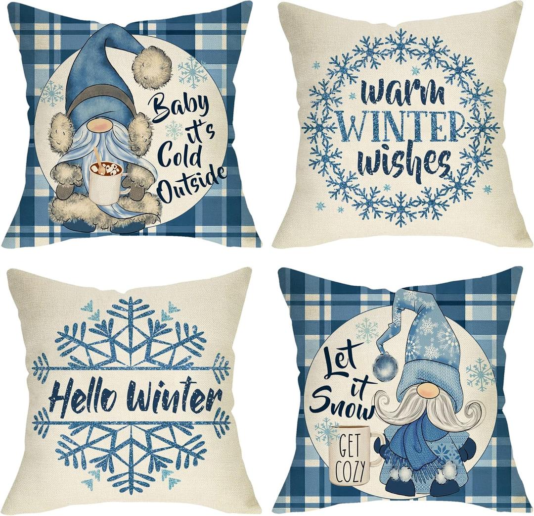 Hello Winter Warm Wishes Gnome Decorative Throw Pillow Cover Set of 4, Snowflake Hot Cocoa Baby It's Cold Outside Cushion Case Decor, Buffalo Plaid Christmas Decoration for Sofa Couch 18 x 18