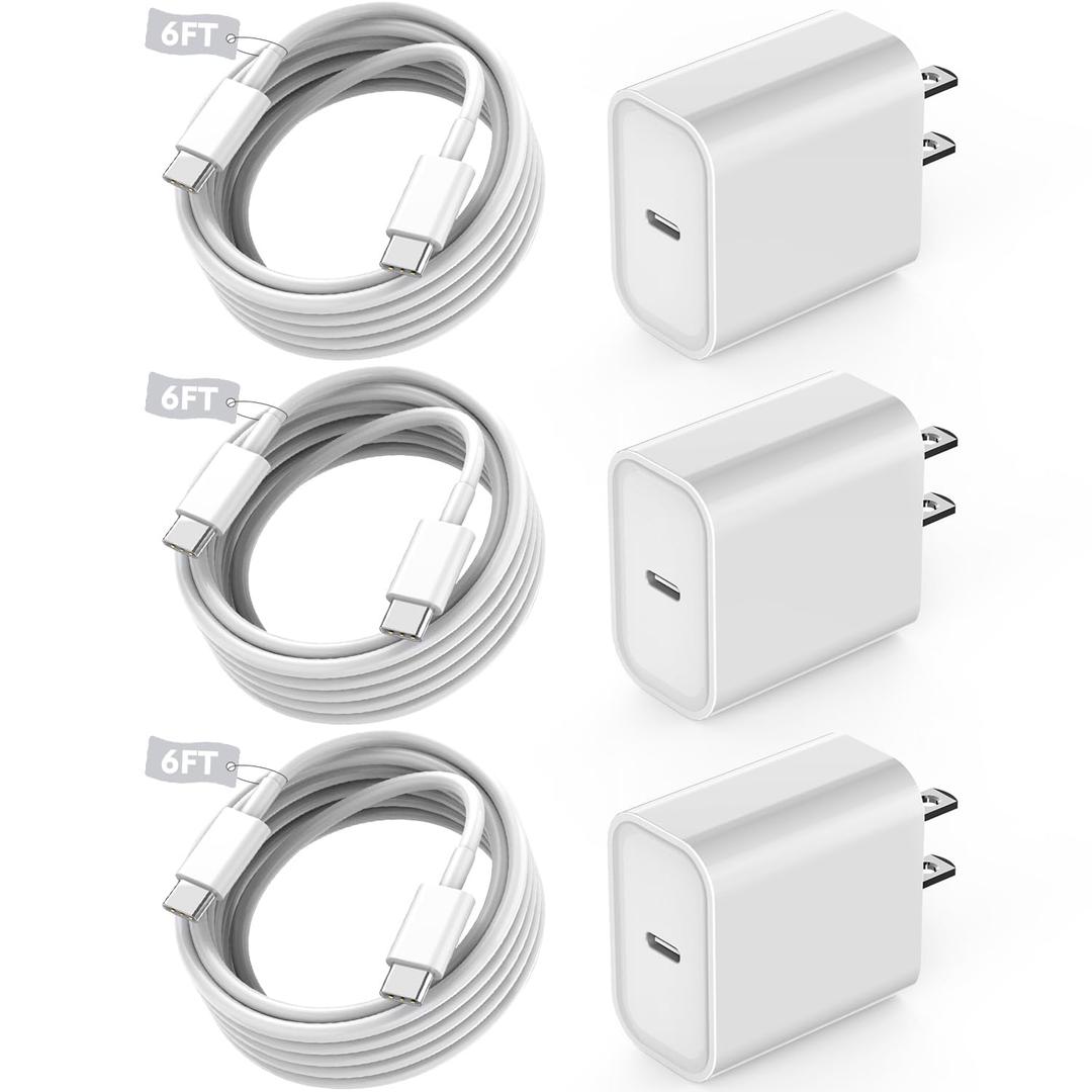 Fast USB C Charger Block,3Pack Long 6FT USBC to USBC Cable iPad Cord 20W iPhone 17 Pro Max Charger Travel Plug Fast Charging for iPhone 17/17 Air/17 Pro/16/16e/16 Pro/16Plus/15/15Pro/Pro Max/Plus,iPad