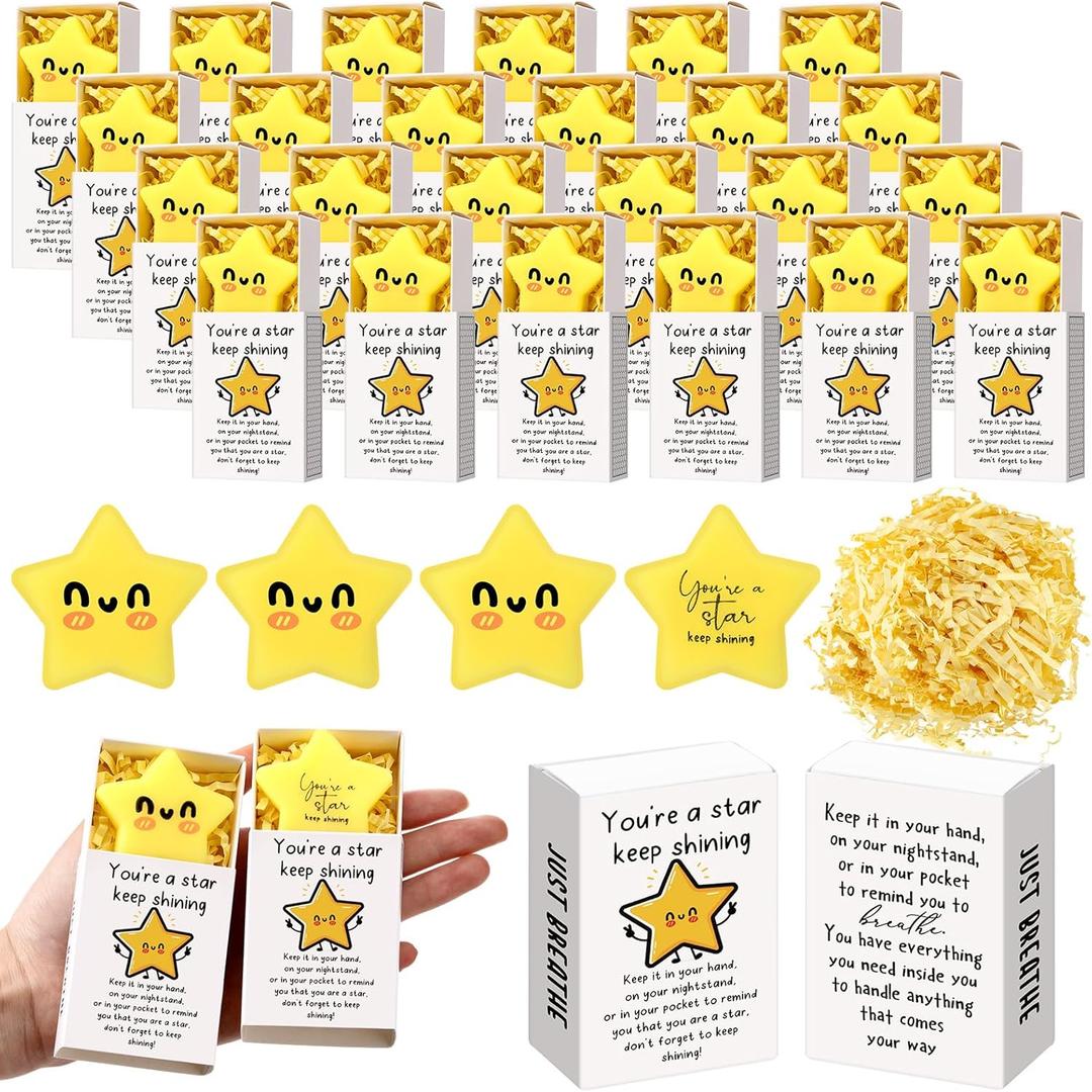 Wettarn 24 Sets Star Positive Gifts Cute Stress Balls with Gift Boxes Inspirational Party Favors for Employee Coworker Students Relief Toys, You are a Star Keep Shining