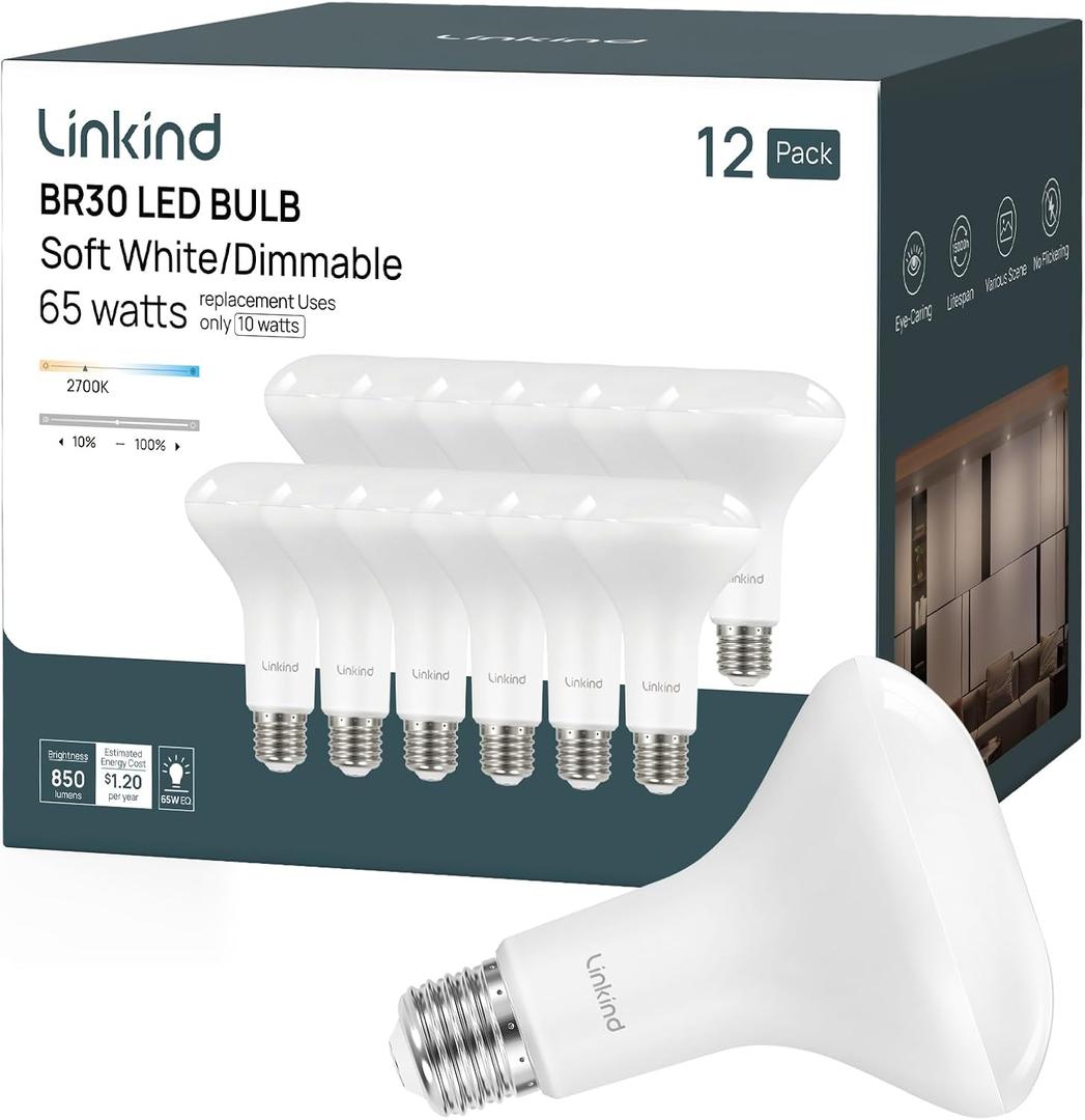 Linkind BR30 LED Flood Light Bulbs Indoor, 65W Equivalent Dimmable LED Recessed Bulbs, 10W 850 Lumens, 2700K Soft White E26 Base, Recessed Can Light Bulb for Bedroom Bathroom, 12 Packs