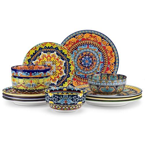 vancasso Plates and Bowls Sets,12-Piece Porcelain Dinnerware Set Service for 4, Bohemian Style Dishes Set for 4, Kitchen Dinner Set, Microwave and Dishwasher Safe, Scratch Resistant, Series KRVI