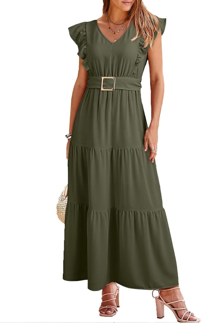 Dokotoo Women's Summer Maxi Dress V-Neck Cap Sleeve Ruched Empire Waist Cocktail Dress Wedding Guest Dresses (Green)