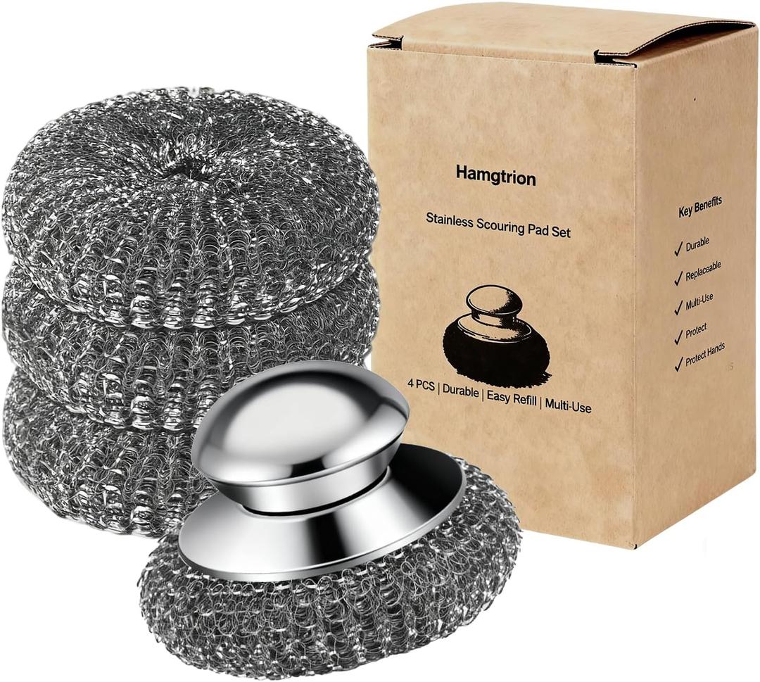 Steel Wool Scrubber, 4-Pack Stainless Steel Scrubber Pads with Handle - The Ultimate Scouring Solution for Rust, Stubborn Messes on Cookware, Grill, Oven & Kitchen Sinks