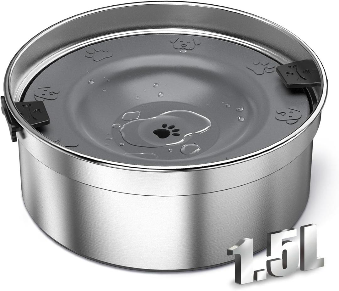 Dog Water Bowl No Spill, 1.5L/50oz Stainless Steel Slow Water Bowl for Dogs, Spill Proof Dog Bowl with Anti-Splash & Non-Slip, Slow Drinking Water Bowl Dispenser for Messy Drinkers (Silver)