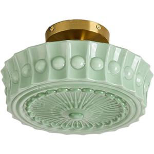 FCTWAKS Schoolhouse Ceiling Light Fixture, 13.8" Green Milk Glass Semi Flush Mount Mid Century Vintage Ceiling Light for Bedroom Hallway Kitchen, E26 Base Bulb Included