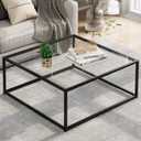 Black Glass Coffee Table for Living Room, Square Coffee Tables for Small Spaces, Simple Tea Cocktail Modern Center Tables, Living Room Tables, Easy Assembly, 26 * 26in Black & Clear Glass (26.4 x 26.4 x 15.7in)