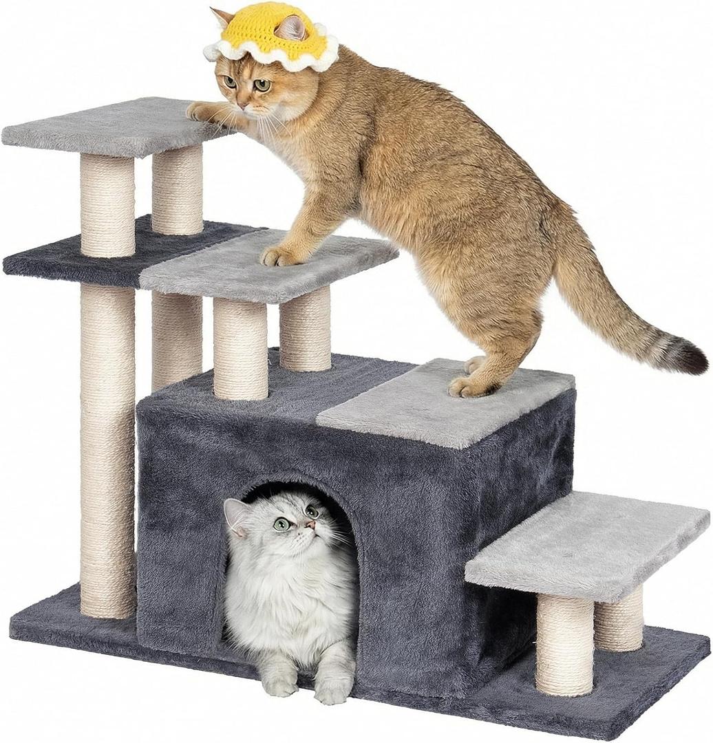 Aechonow 4-Tier Cat Stairs for High Bed with 22'' Cat Scratching Post, Pet Steps for Doggies Rabbit Ferret, Adjustable Cat Cave, Grey, Extra Large