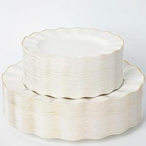 HIGH END 100 Pcs Ivory Wave Plastic Plates with Gold Trim, Fancy Disposable Plate Sets Include 50 Dinner & 50 Dessert Plastic Plates, Elegant Disposable Plate Set For Party, Thanksgiving (30 Guests)