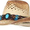 La Vogue Straw Cowboy Hat for Women Men Classic Roll up Brim Fedora Cowgirl Hat with Turquoise Belt (Yellow, M)