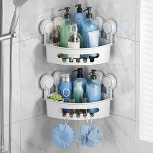 TAILI Suction Corner Shower Caddy, Bathroom Shelf Storage Basket Wall Mounted Organizer for Shampoo, Conditioner, Plastic Rack for Kitchen&Bathroom, Drill-Free Removable (2 Pack)