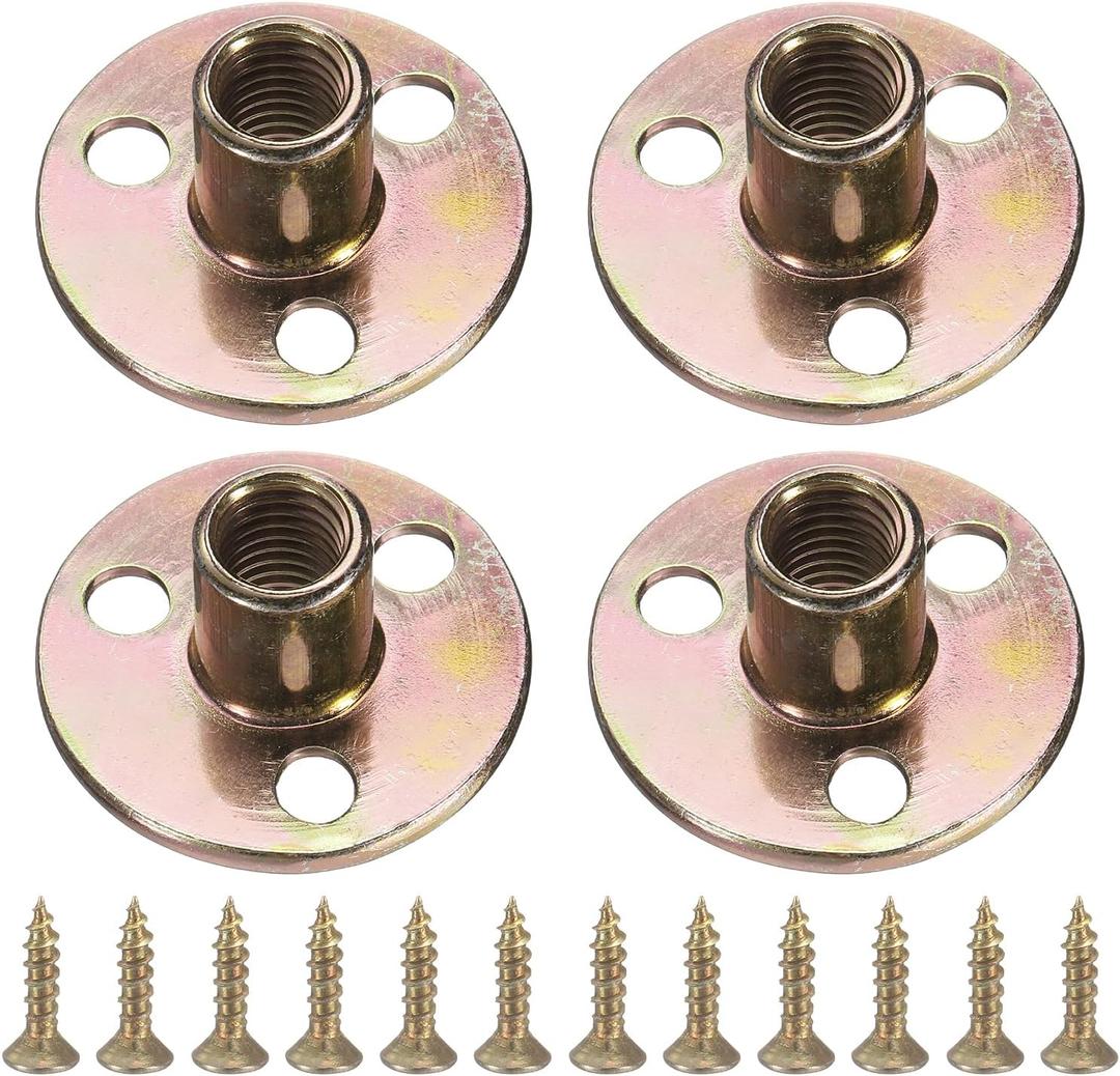 uxcell 4Pcs M10 T-Nuts, Zinc Plated Steel Brad Hole Tee Nut with Screws, 3-Hole Round Base Weld Nuts 17.3mm Height Through Hole Flange Insert Female Thread Plate Nuts, Multicolor