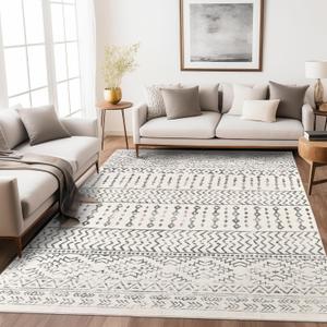 Art&Tuft Area Rug 5x7, Super Soft Ultra-Thin Moroccan Washable Rugs 5x7, Anti-Slip Backing Rugs for Living Room, Foldable Geometric Machine Washable Area Rug(5'x7', Ivory)