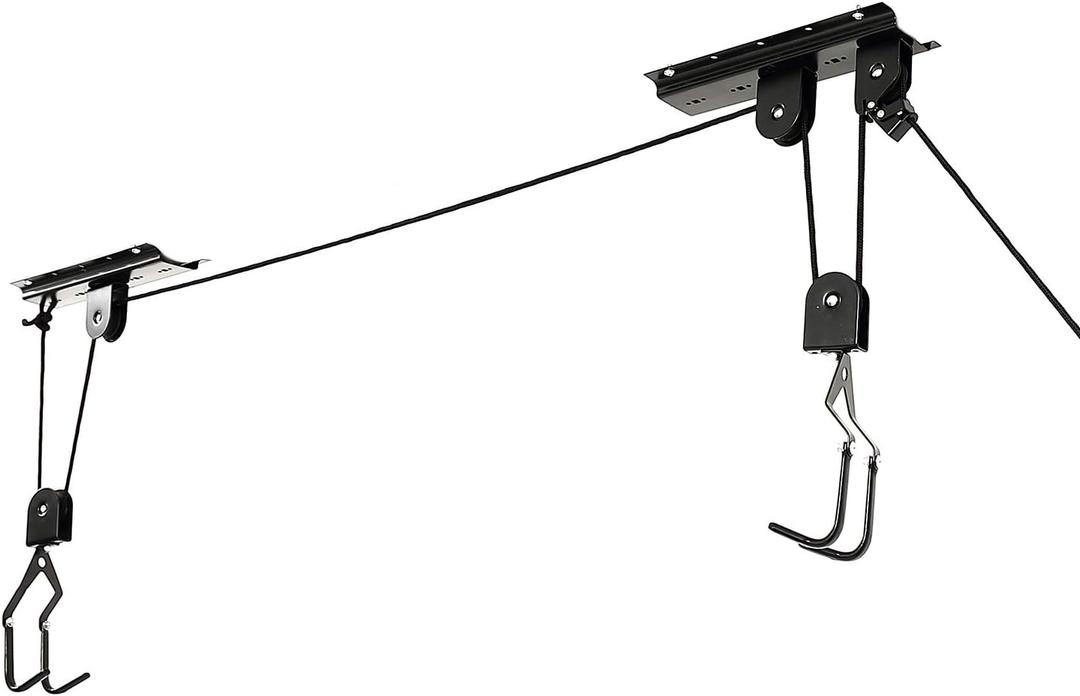 Ihomepark Bike Hoist for Garage Ceiling Storage, Heavy Duty Bicycle Lift Mountain Bicycle Hanging Rack with 3 Pulley and 45 ft Adjustable Rope | 100 lb Capacity