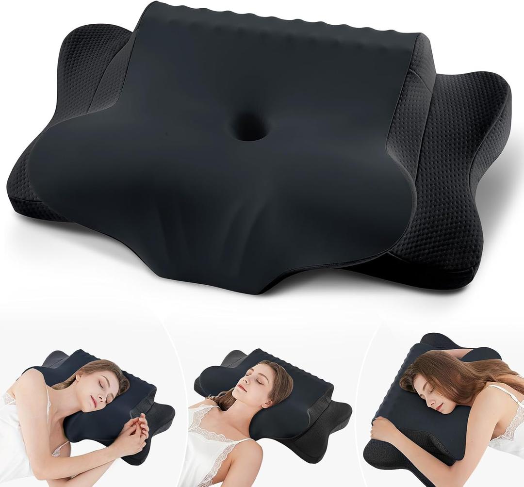 Cervical Pillow for Neck Pain Relief - Cooling Ergonomic Dual-Sided Orthopedic Neck Pillow with Ice Silk Pillowcase, Breathable Memory Foam Contour Pillow for Side, Back, Stomach Sleepers,All Black